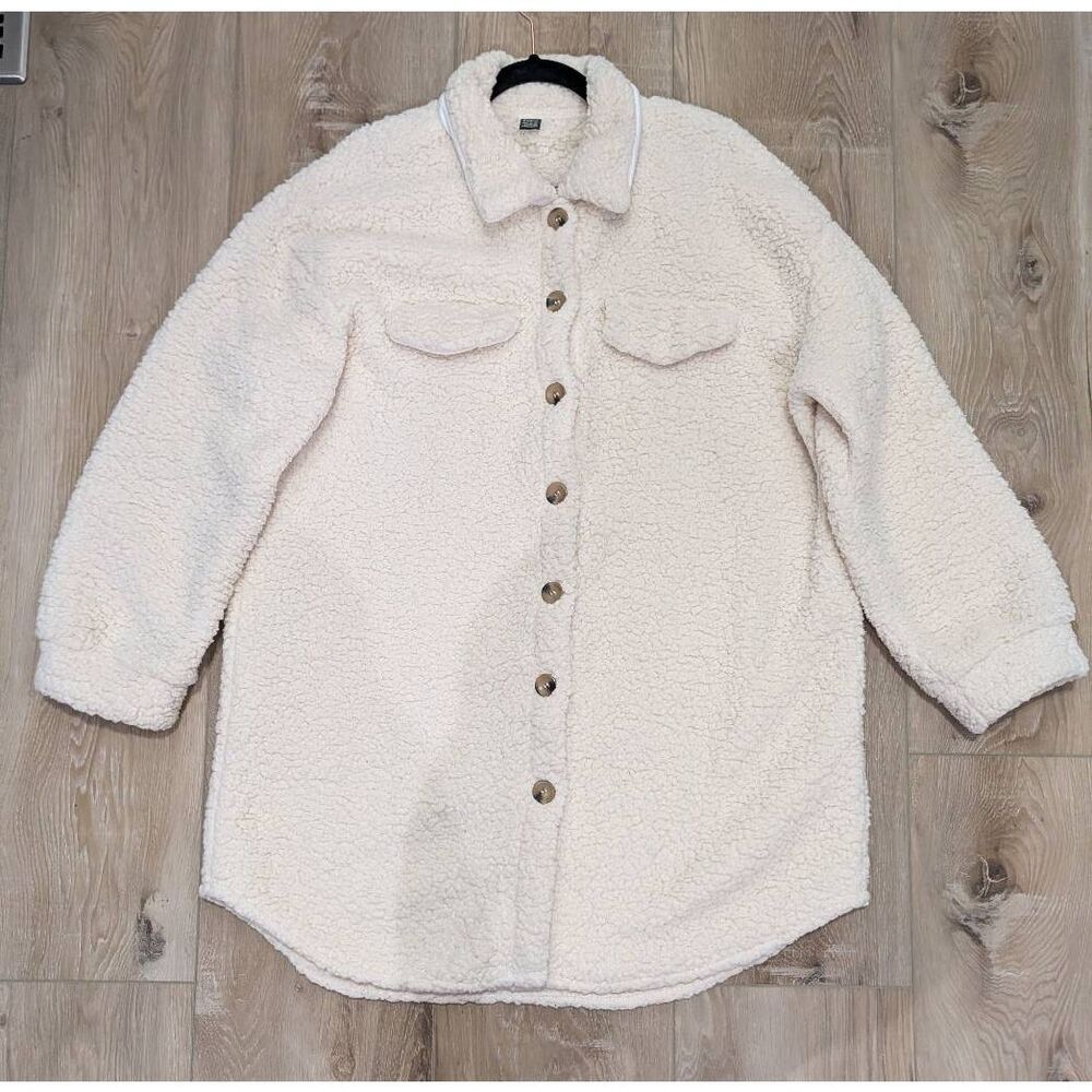 Shein Button Up Sherpa Jacket Women's Large Oversized Cream Comfy Boho Western